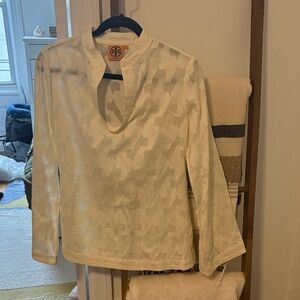 Tory Burch Cream Patterned Long Sleeve Top